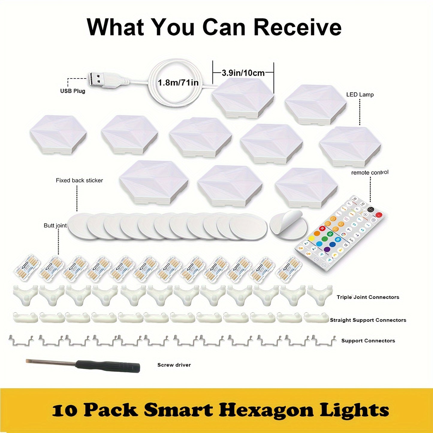 10 smart hexagon LED lights with RGBIC, app & remote control, music sync, USB powered. Ideal for gaming room, bedroom, living room decor.