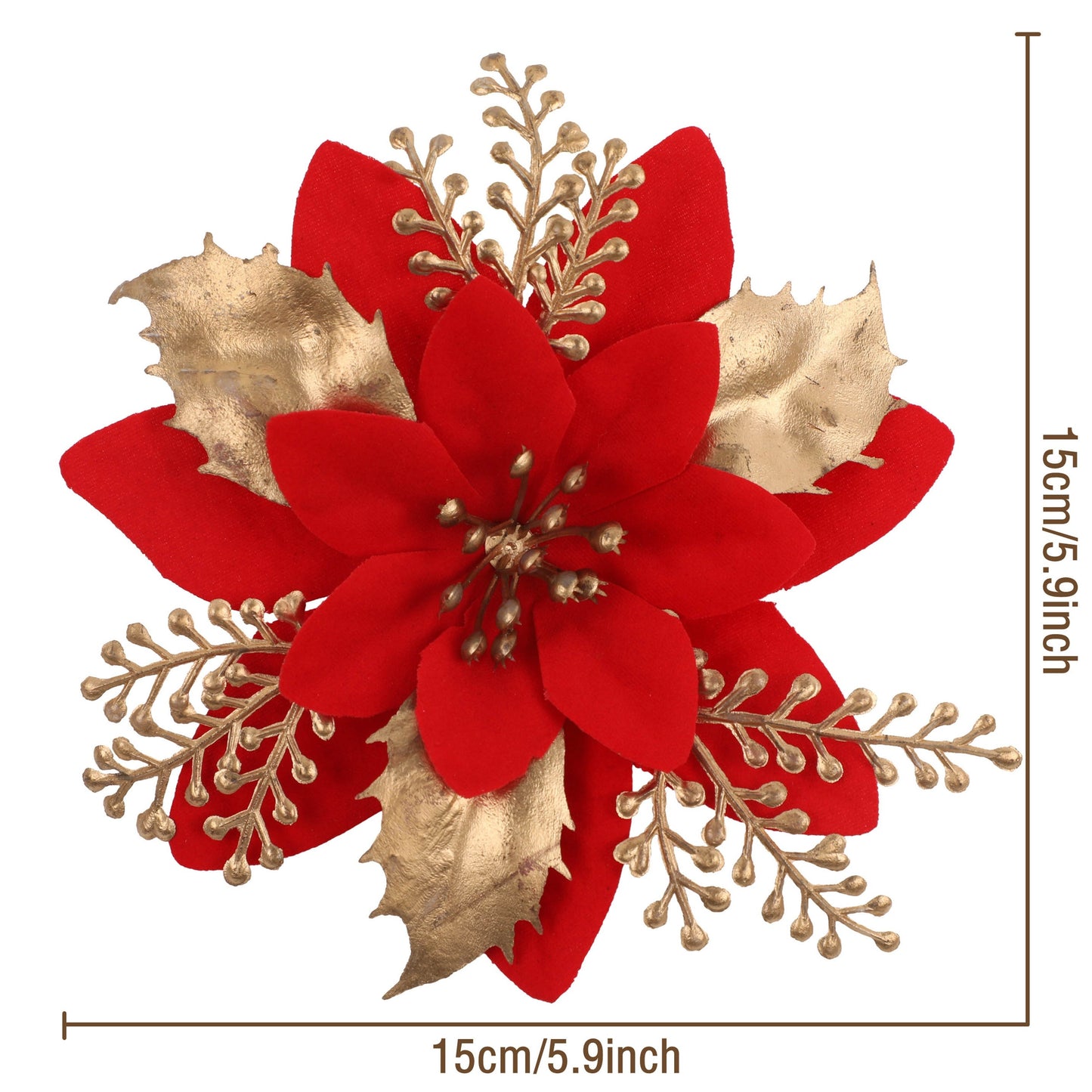 12 shiny artificial poinsettia flowers, red and golden Christmas tree wreath for weddings and parties - perfect for holiday celebrations.