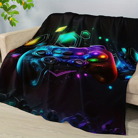 Vintage Geometric Gaming Controller Print Flannel Blanket. This soft and warm blanket is perfect for all seasons and can be used on the sofa, in the office, on the bed, for camping, or while traveling. Made from 100% polyester with a knitted digital