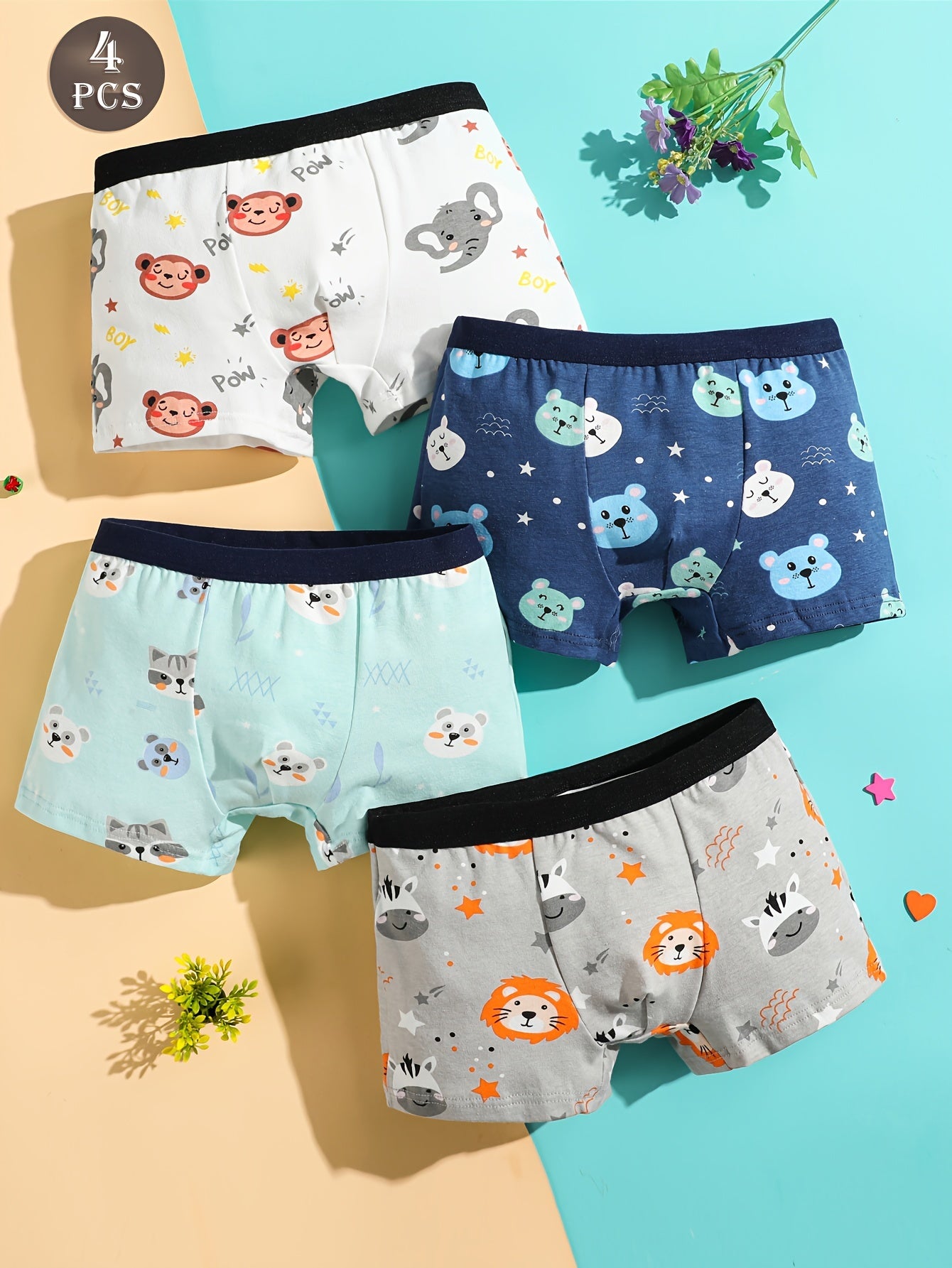 4 soft cotton boxer briefs for boys with cute animal print - comfortable and breathable underwear for kids