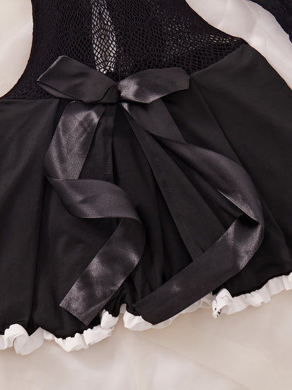 Sexy maid cosplay costume including frill-trimmed lace dress, gloves, stockings, choker, and headband.