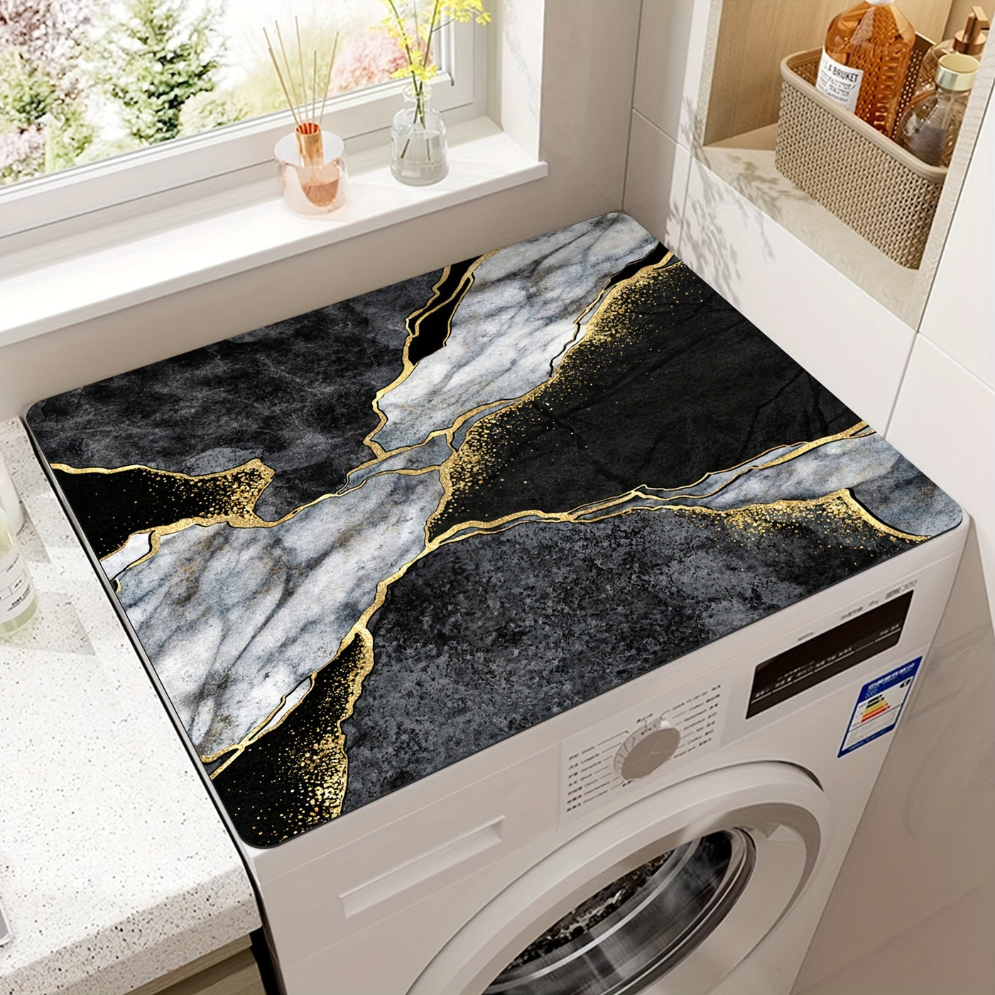 One piece Mandala Vintage Plaid Print Dust Cover for Washing Machine and Dryer. Measures 50.8cm x 101.6cm. Stain-Resistant, Non-Slip Storage Mat and Drain Mat included.