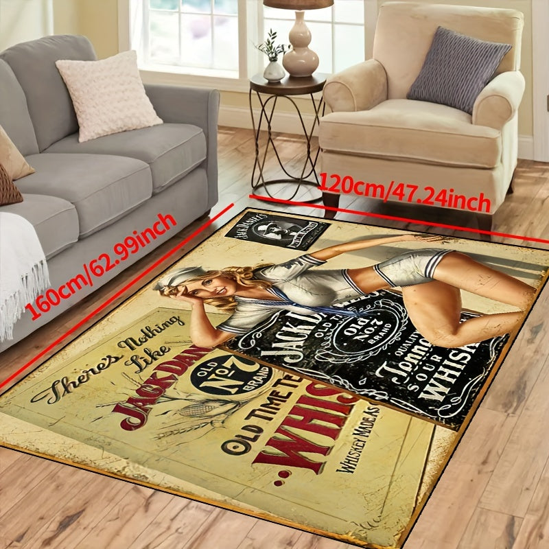 1 piece of Jack Daniels Beauty Polyester Rug with non-slip, machine washable, waterproof features. Suitable for indoor and outdoor use, this durable rug can enhance the decor of your living room, bedroom, nursery, patio, or garden.