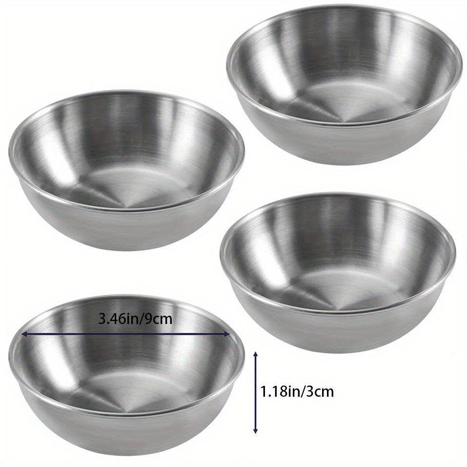 4 small stainless steel sauce cups in 6 sizes for commercial use, perfect for appetizers and condiments.