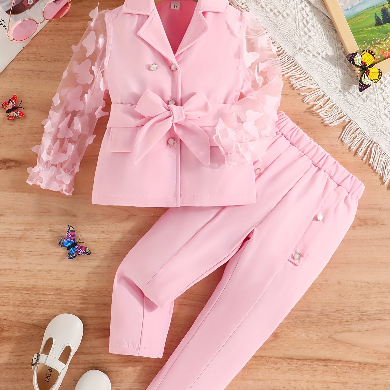 Girls' pink butterfly blazer and pants set with ruffled detail, perfect for all seasons and outdoor wear.