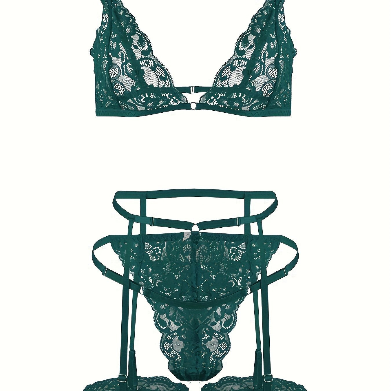 4-piece set of sexy lingerie with lace triangle cup bra, panties, suspender socks, and seduction ring in European and American styles.