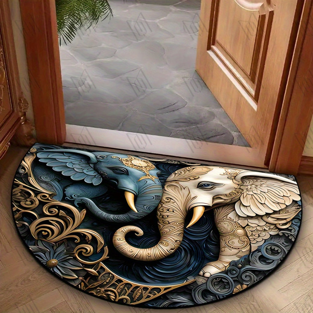 This Elephant Welcome Mat features a non-slip backing and is durable and stain-resistant, making it perfect for use in the living room, bedroom, laundry room, entryway, kitchen, or any indoor space. Its half-circle shape, machine-made construction, and