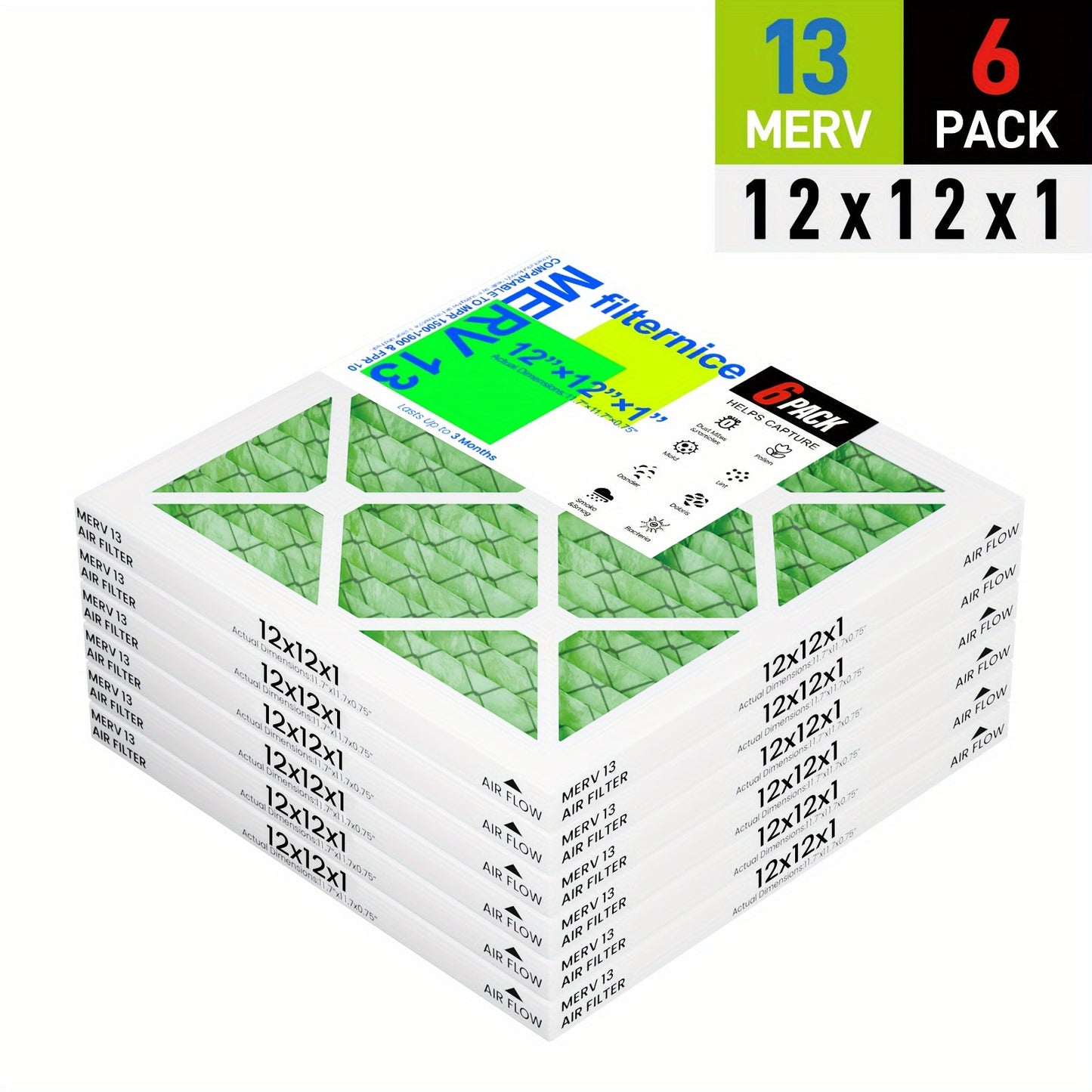 6-pack of MERV8, MERV11, and MERV13 pleated replacement air filters for AC and furnace applications in home and pet environments. Actual dimensions are 29.72cm x 29.72cm x 1.91cm.