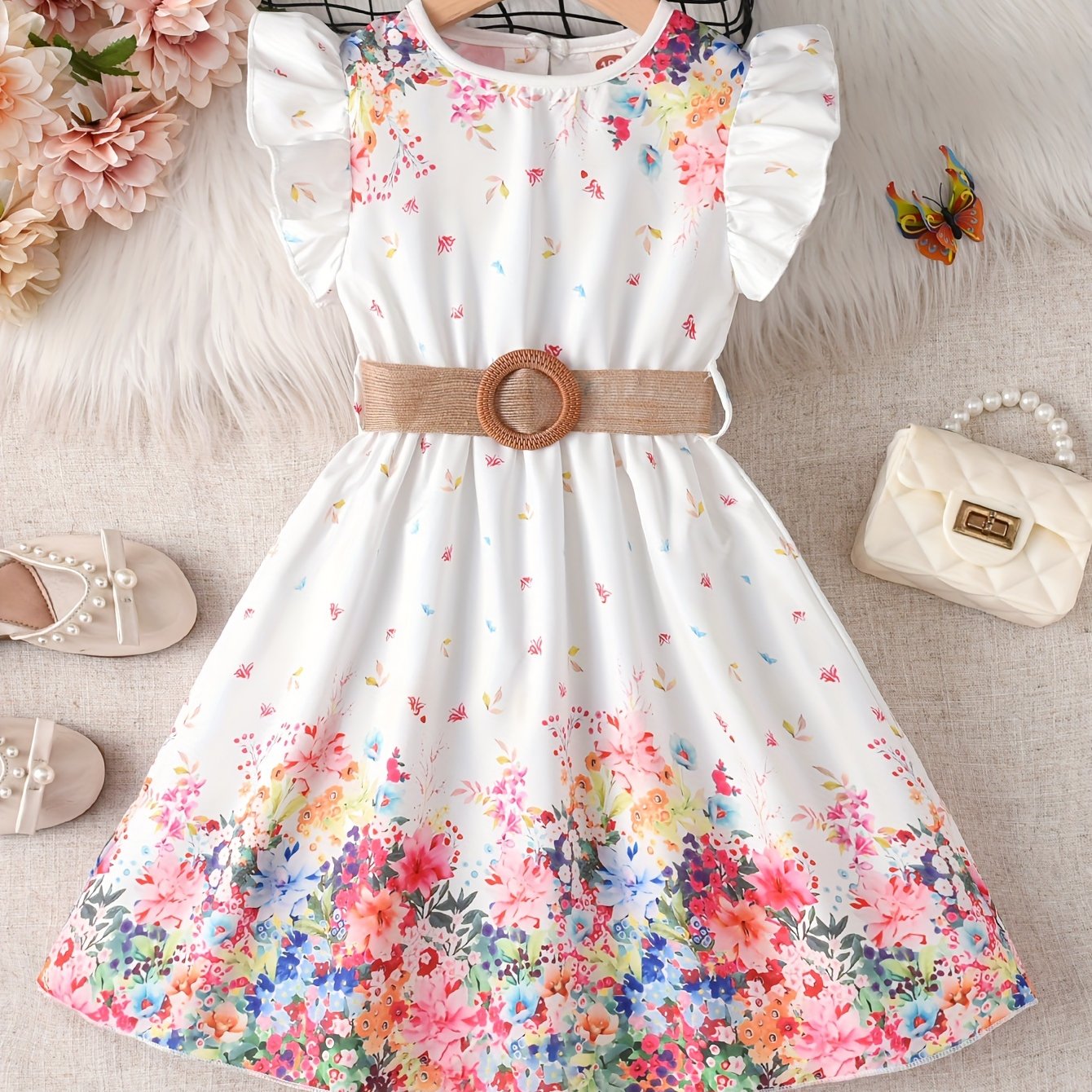 Floral princess dress with flutter sleeves and belt for young girls.