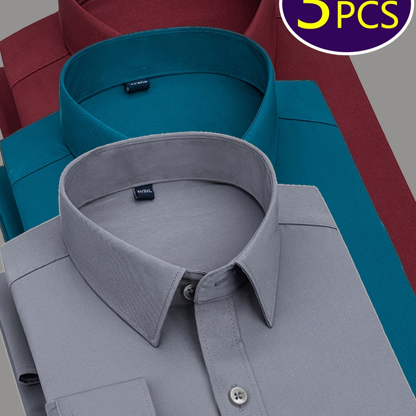 3 men's dress shirts with solid color and lapel collar, suitable for formal occasions.