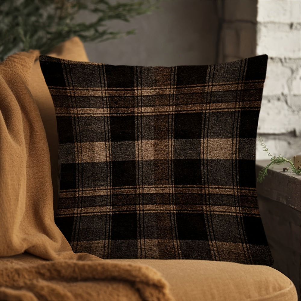 Stylish Dark Brown Plaid Pillow Cover featuring Two Designs - Convenient Hidden Zipper, Easy-to-Clean Polyester Fabric - Ideal for Adding Charm to Your Sofa, Office Chair, or Farmhouse Theme.