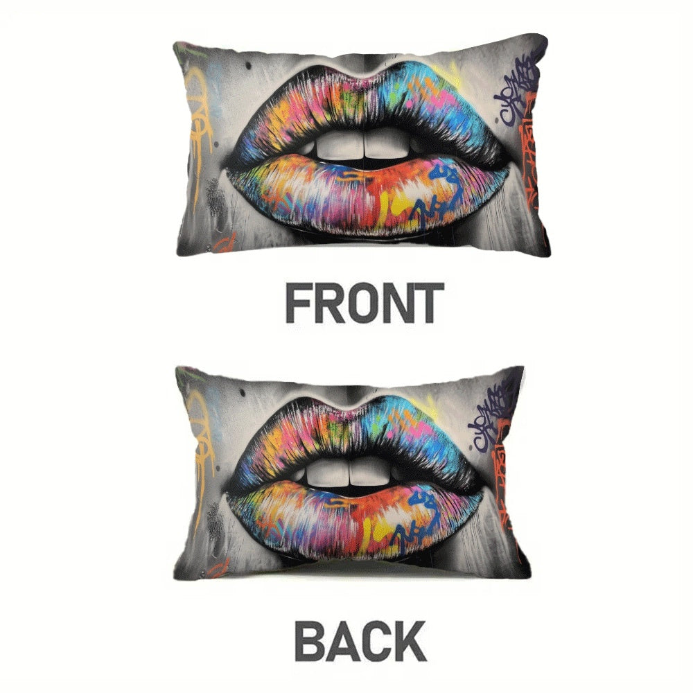 Abstract Graffiti Lips Pillow Cover, 1 piece, measures 50.8X30.48 cm. This Casual Style Polyester Decorative Throw Pillowcase features a convenient Zipper Closure and is Machine Washable, making it suitable for all seasons. Designed for Back Sleepers