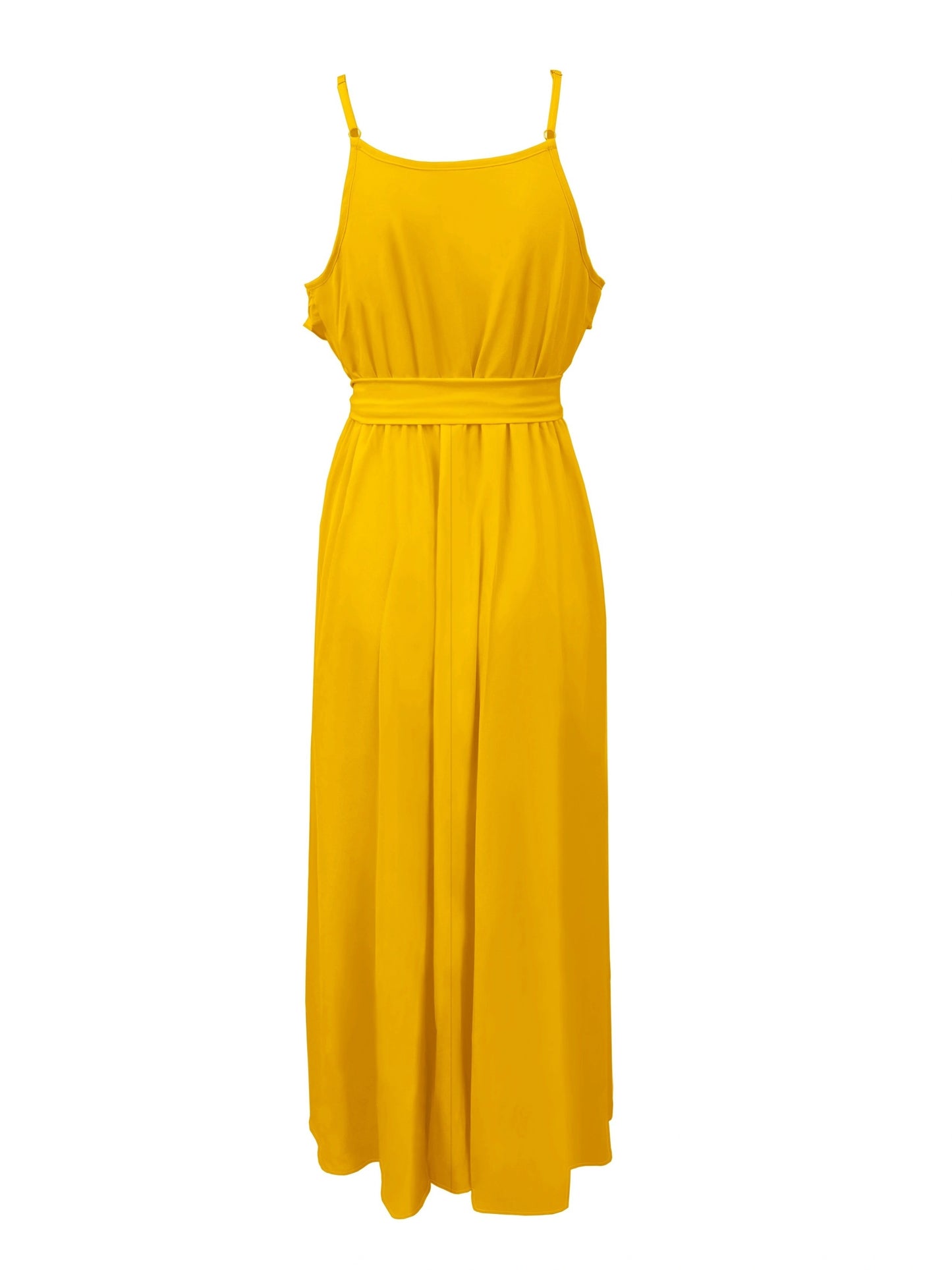 Sleeveless cami dress with ruffle trim and tie-waist strap, maxi length.