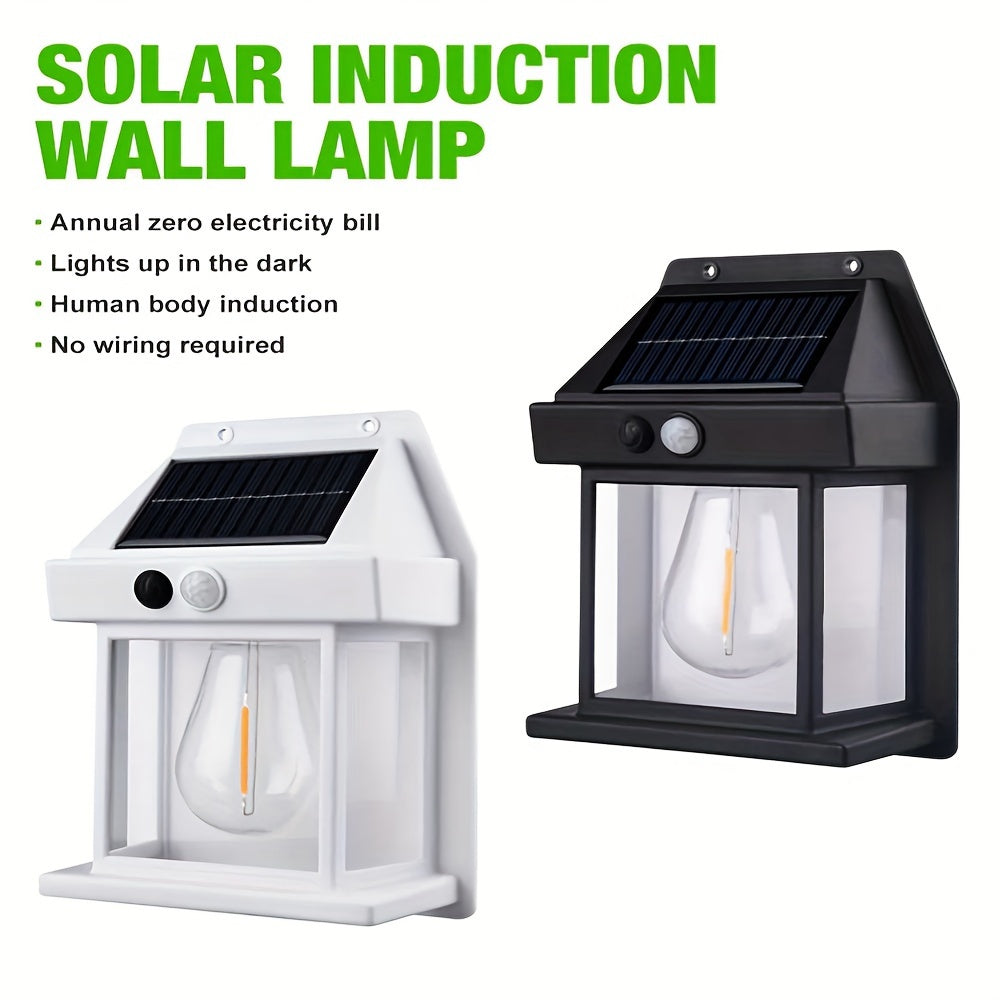 Solar-powered Staaricc tungsten wall lamp for outdoor garden lighting with motion sensor, 3 lighting modes, IPX-4 water resistance, lithium battery, and incandescent light source.