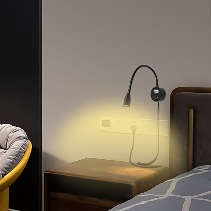 Wall-mounted reading light with flexible goose neck LED spotlight, plug and switch, suitable for bedroom, bedside, office, workbench, studio.