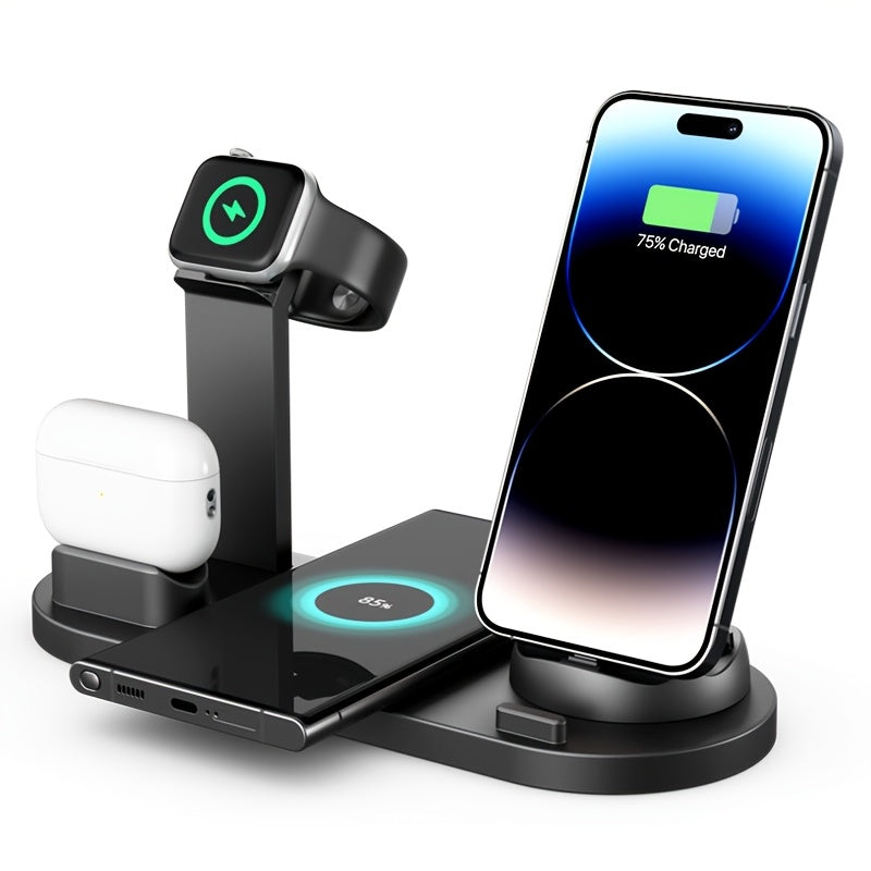 Wireless charger with fast charging for iPhone, Samsung, and Android series, also compatible with AirPods and iPhone Watch.