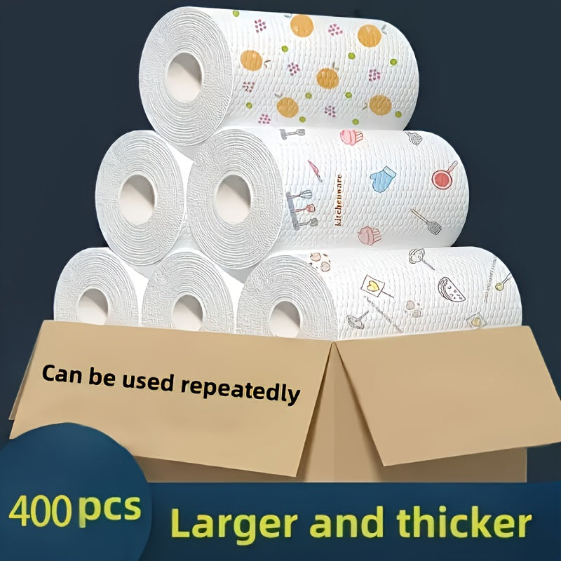 One roll of lazy cloth totaling 400 sheets, a disposable kitchen tissue, a washable wet and dry towel, an oil-free dishwashing cloth, a non-stick cloth, a degreased towel, and household cleaning products.