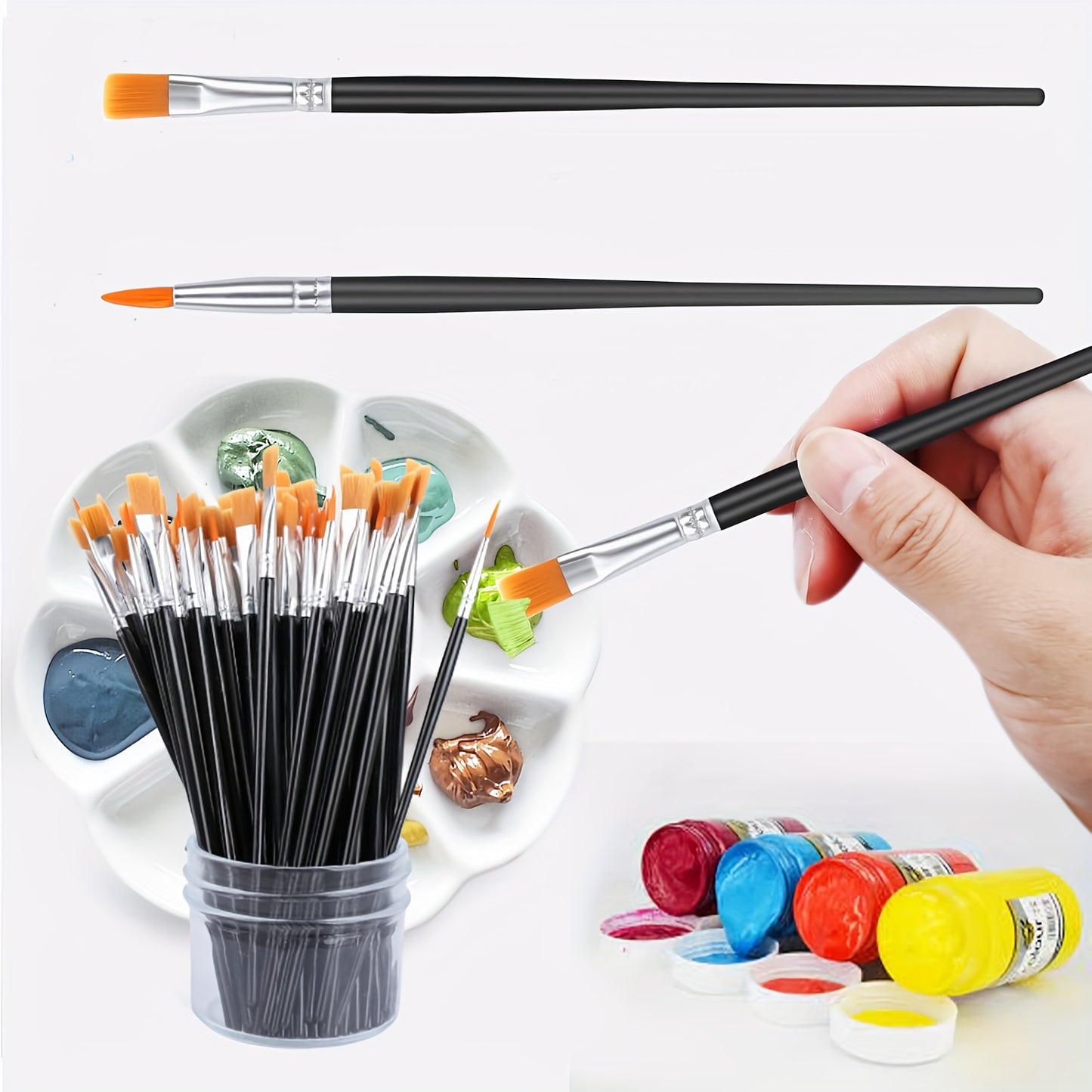 50 nylon hair paintbrushes with flat and round pointed brushes, ideal for oil painting, watercolor, and facial art, perfect for artists and hobbyists.