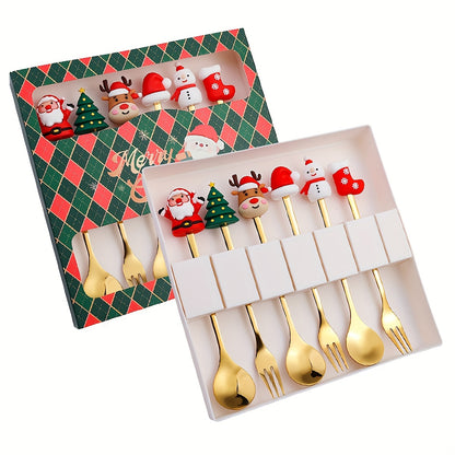 Set of 4/6 Christmas-themed stainless steel coffee spoons and forks in a red or green gift box for stirring beverages and desserts.