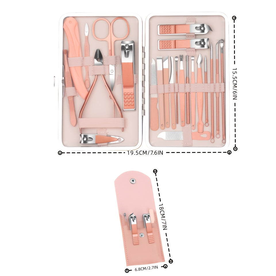 Pink nail tool set for girls, includes various tools for nail care and grooming.