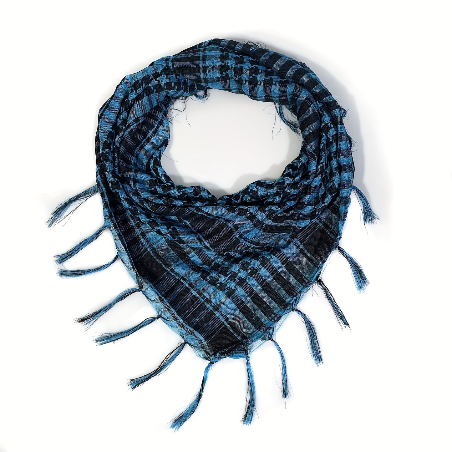 Lightweight Tactical Plaid Scarf - Windproof, Sand-Proof, All-Season Polyester Neck Warmer with Fringe Detail.