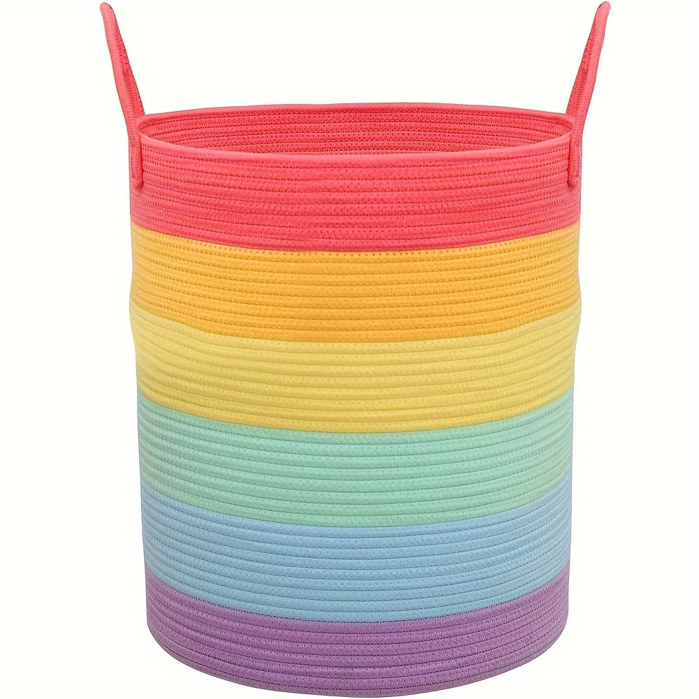 Vibrant rainbow woven basket with handles - 38.1x45.72cm tall for laundry and toys. Ideal for playroom, living room, or youngsters' bedroom. Striped design, durable fabric, easy to carry.