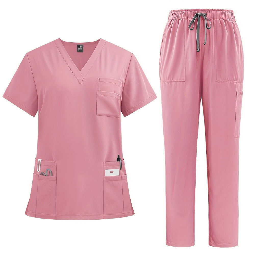 Women's polyester fitted workwear with patch pockets, straight leg pants for doctors and nurses, machine woven.