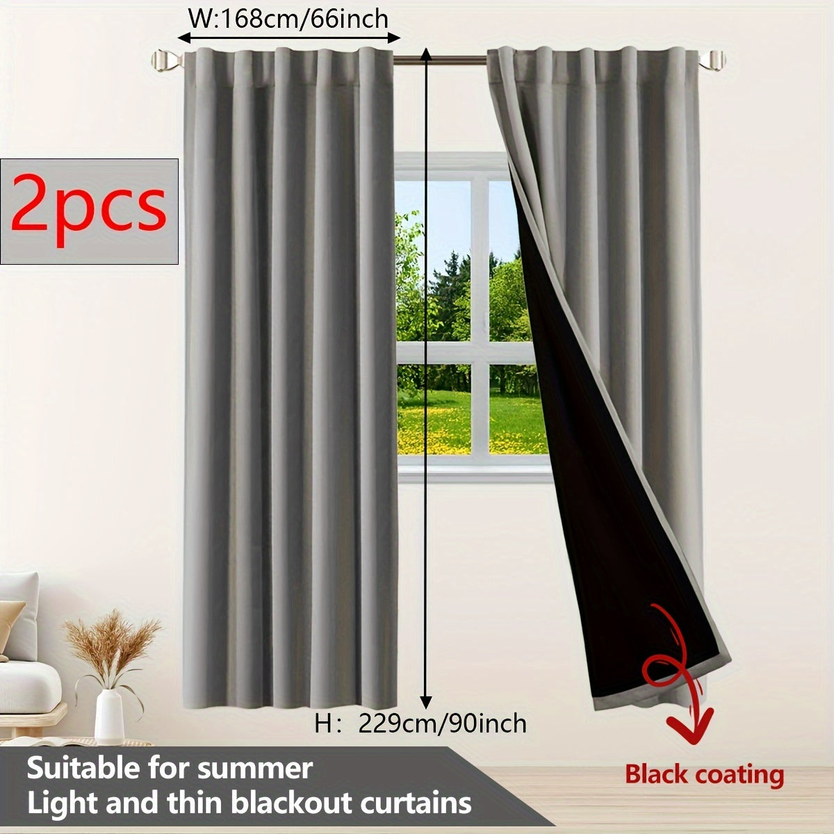 Two pieces of contemporary blackout curtains made from thermal insulated twill weave polyester. They are designed to reduce noise and block out light, making them perfect for the living room, bedroom, or study. These curtains feature a hook and ring rod