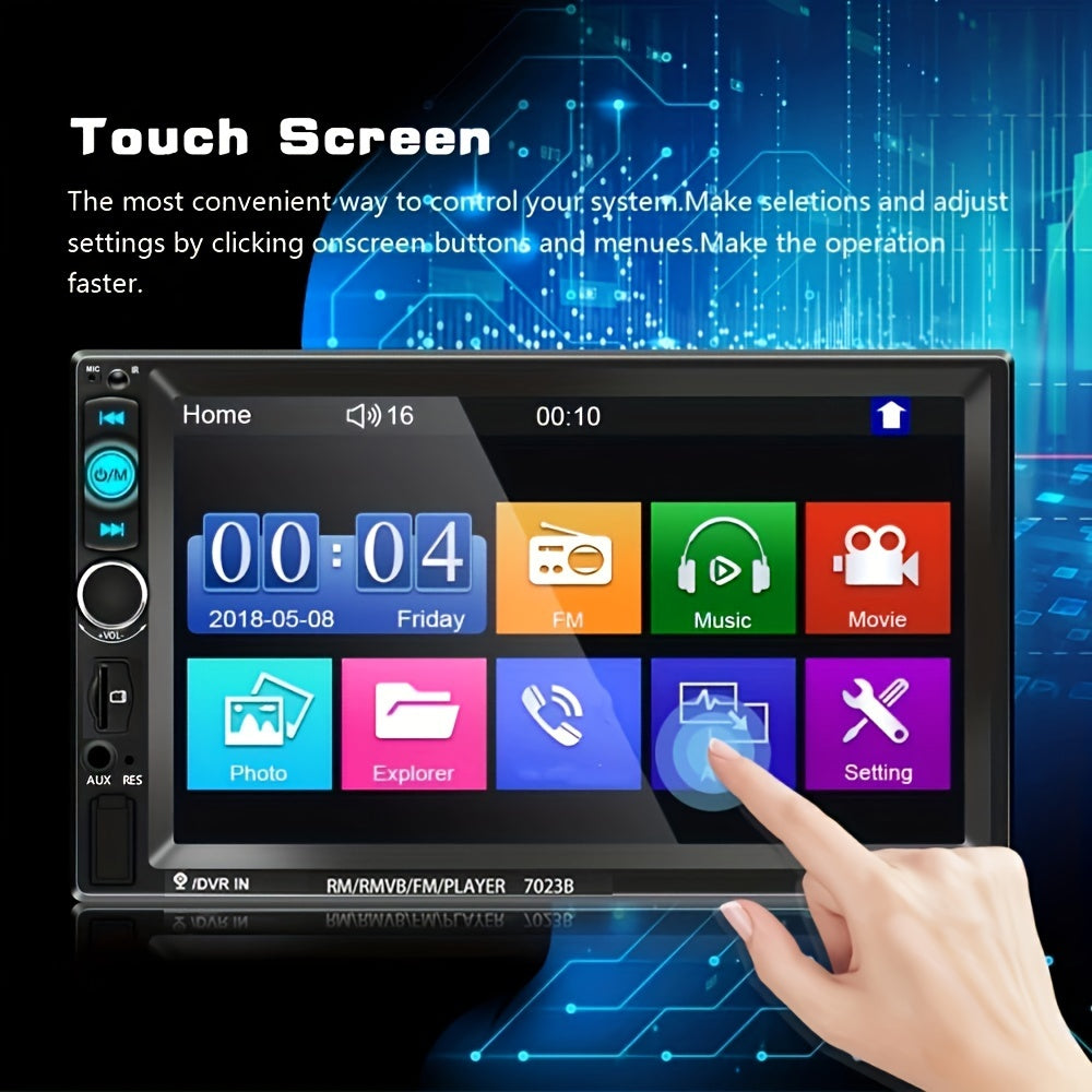 7-inch touch screen car stereo with MP5 multimedia player, FM/USB/AUX/RC SD function, steering wheel control, and mirror link support.