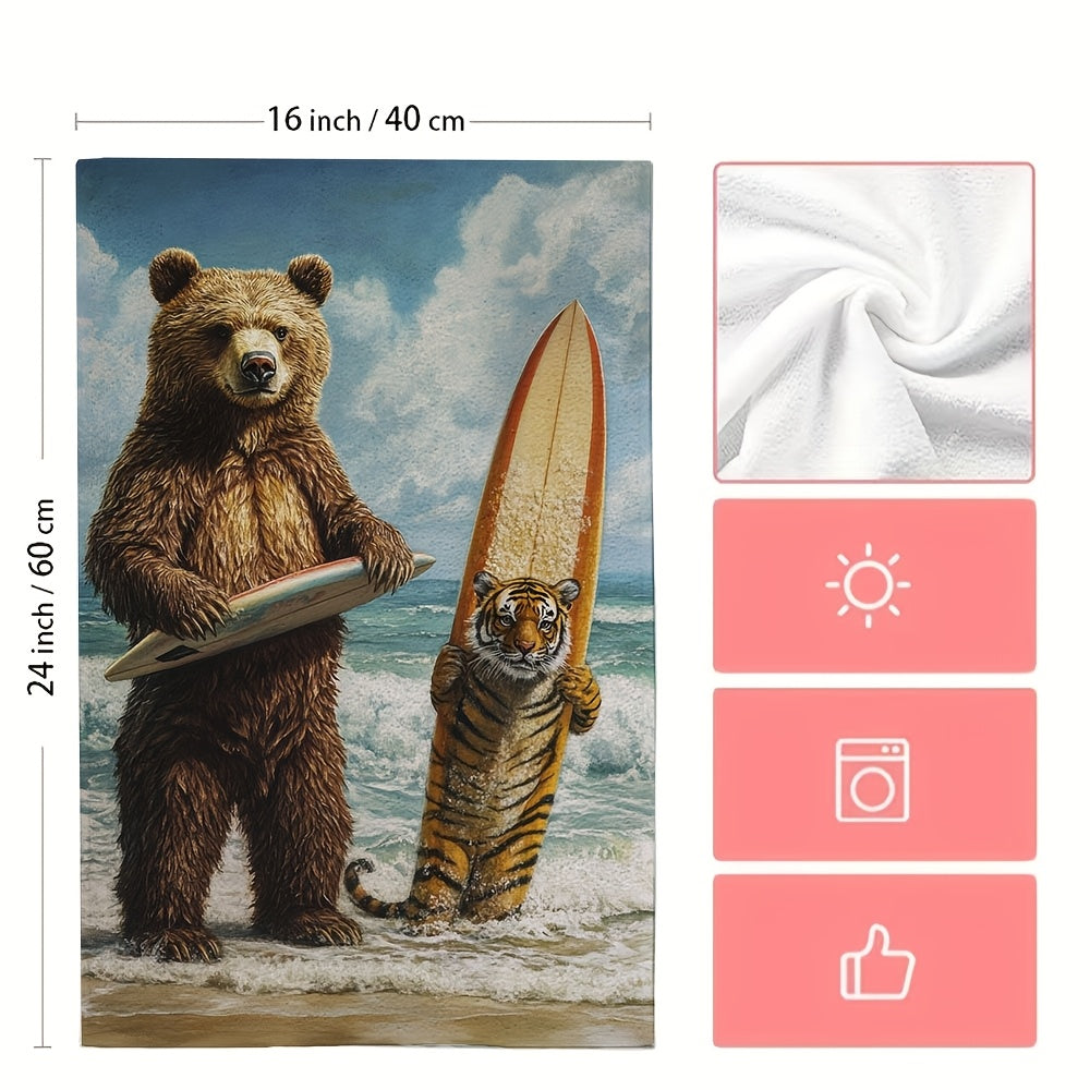 Get your hands on 2 pieces of ultra soft kitchen towels featuring fun Surfer Bear and Tiger designs. These highly absorbent dish hand towels are perfect for holiday decor. They are machine washable and each towel measures 16x24 inches. Item number