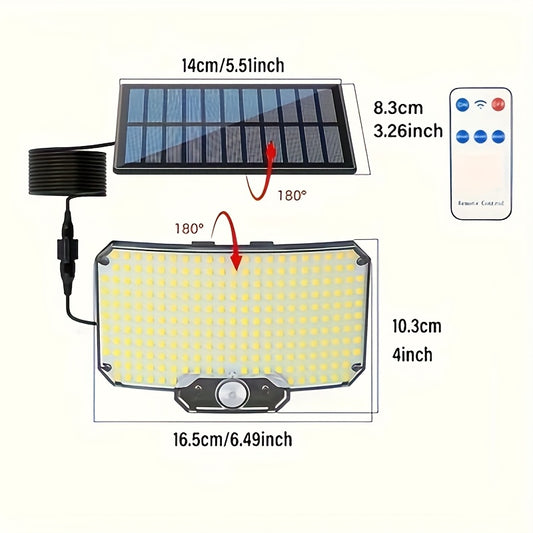 Outdoor solar light with motion sensor, remote control, and 3 modes, ideal for patio, porch, camping, and backyard.