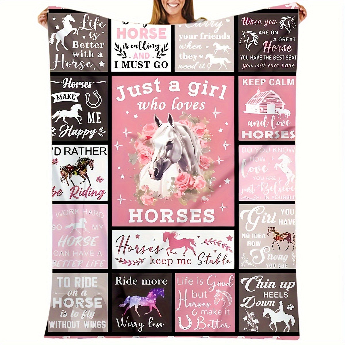 Elegant Horse-Inspired Flannel Throw Blanket in Glam Style - Perfect for Horse Lovers' Birthdays! Made of 100% Polyester, Hypoallergenic, All-Season, Knitted Design with Digital Print. Recommended for Dry Cleaning. Great Equestrian Gift Idea for Girls