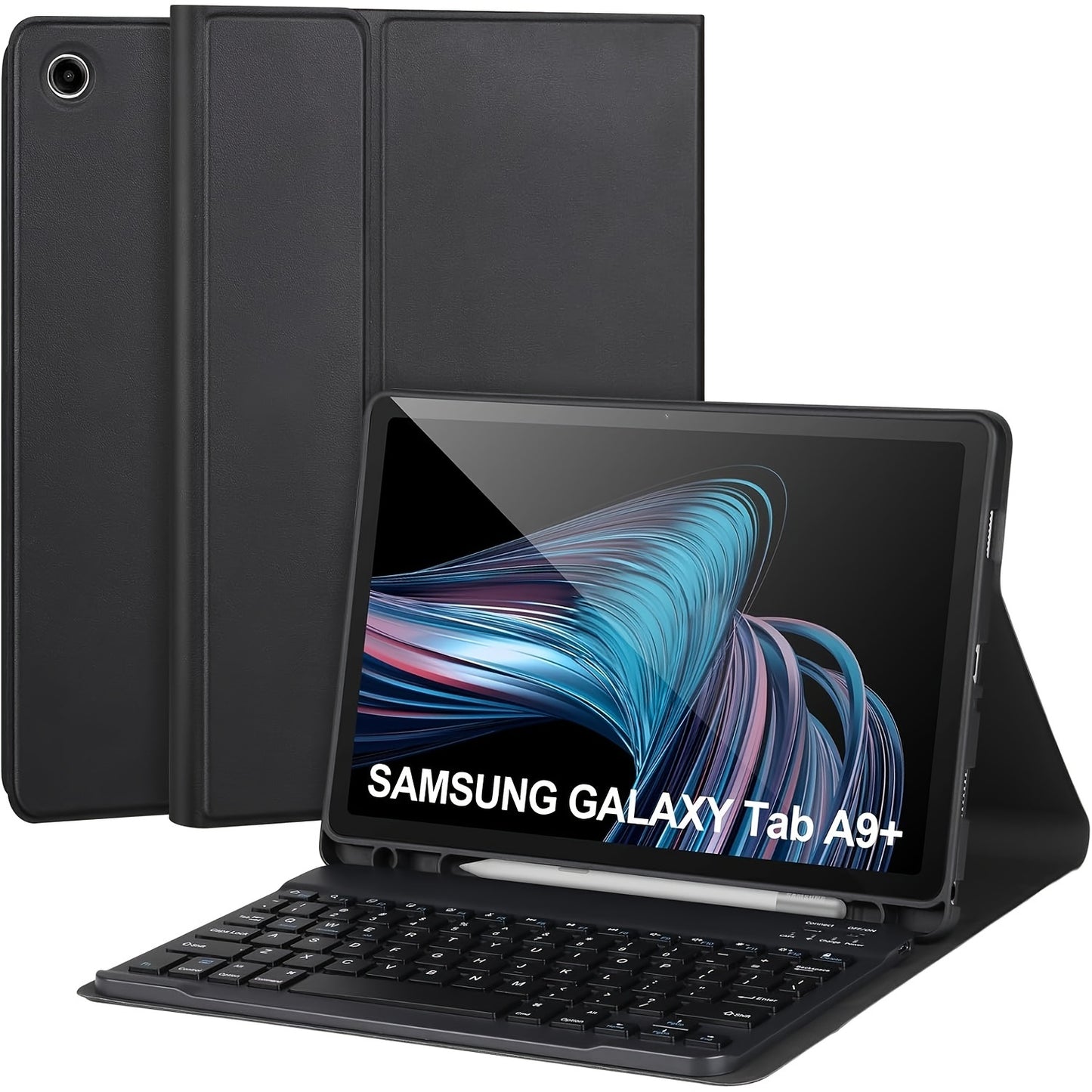 Keyboard cover for Samsung Galaxy Tab A9+/Plus 27.94cm 2023 (SM-X210/X216/X218) with S Pen holder, removable keyboard and auto wake/sleep functionality.