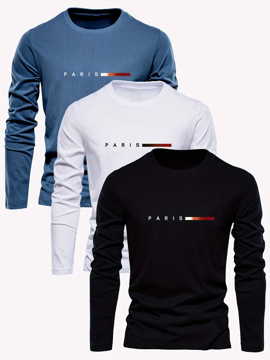 Three men's long sleeve cotton t-shirts with Paris print design, ideal for spring and fall.