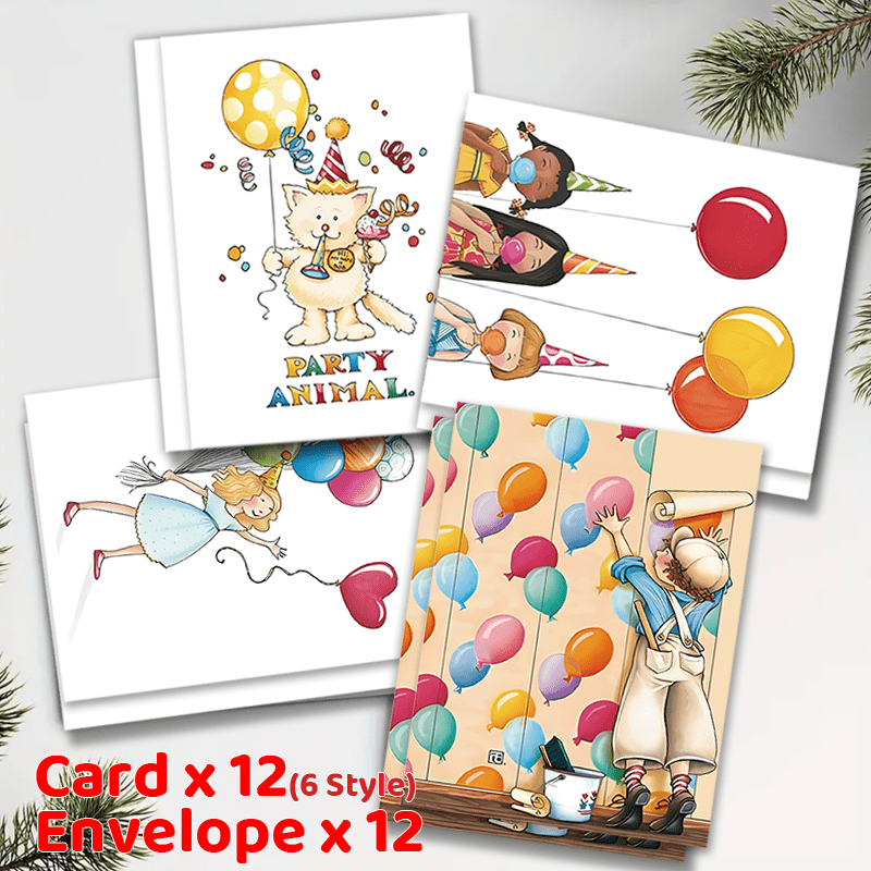 Celebrate with 24 charming Birthday Cards complete with Envelopes - Featuring sweet designs of a Little Girl, Flower Cat, and Balloons - Ideal for expressing gratitude and presenting gifts.