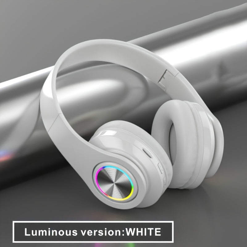 Wireless earphones with AUX port, foldable design for various uses, wireless connectivity and volume control.