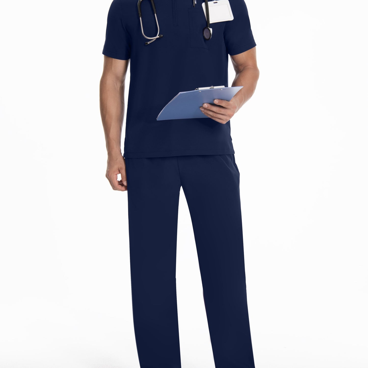 Polyester workwear uniform set for men with a conservative style. Features solid color, woven fabric, small stand collar, regular fit with pockets and belt loops.