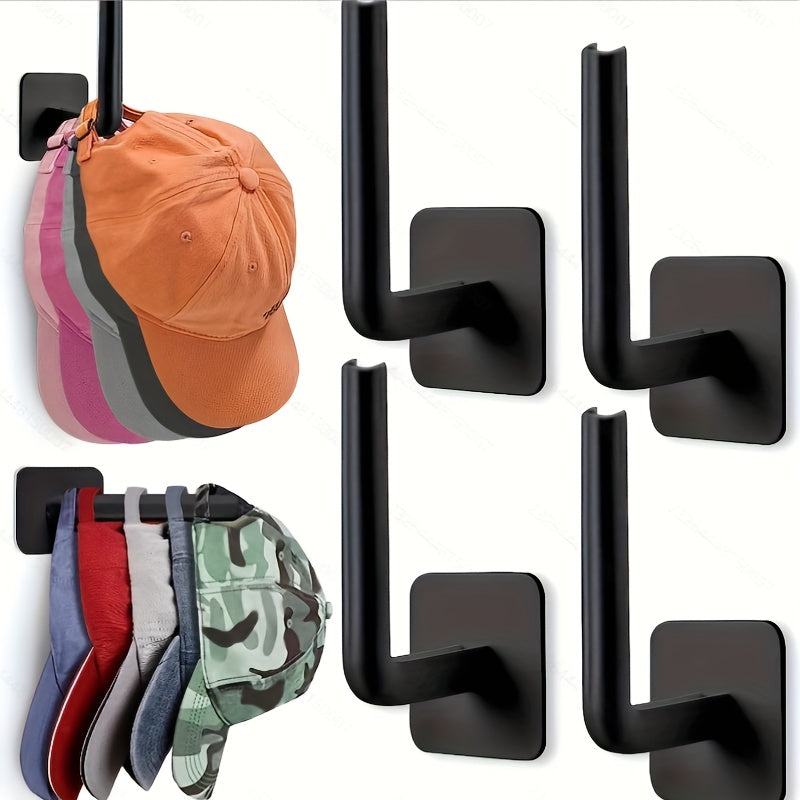 Pack of four plastic hat hooks that are self-adhesive and punch-free - they can be easily mounted on the ceiling without the need for electricity. These hooks are ideal for organizing your entryway, bathroom, or bedroom in a space-efficient manner using