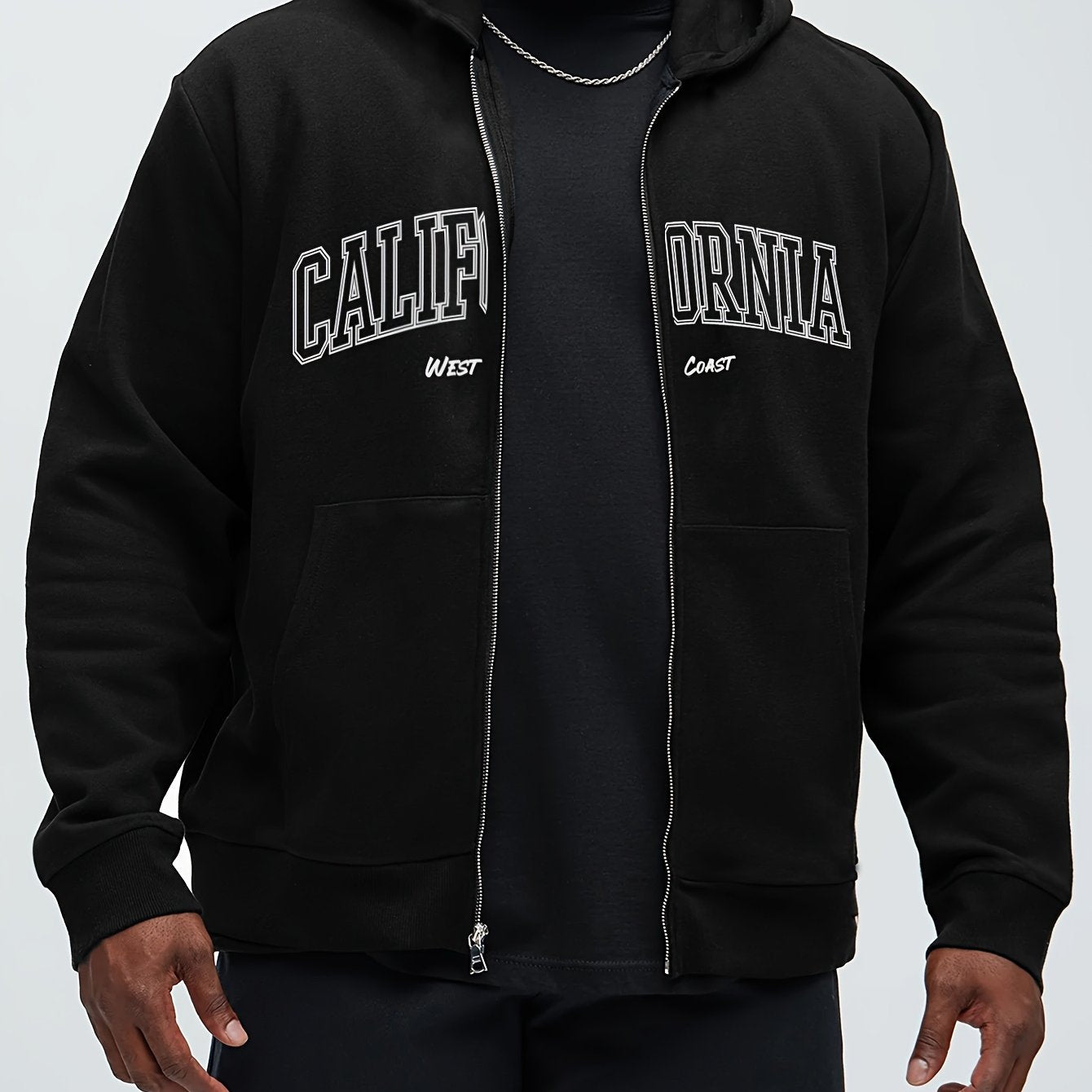 California West Coast Print Plus Size Men's Zip-Up Hoodie with Kangaroo Pocket, perfect for outdoor sports and as a gift idea.