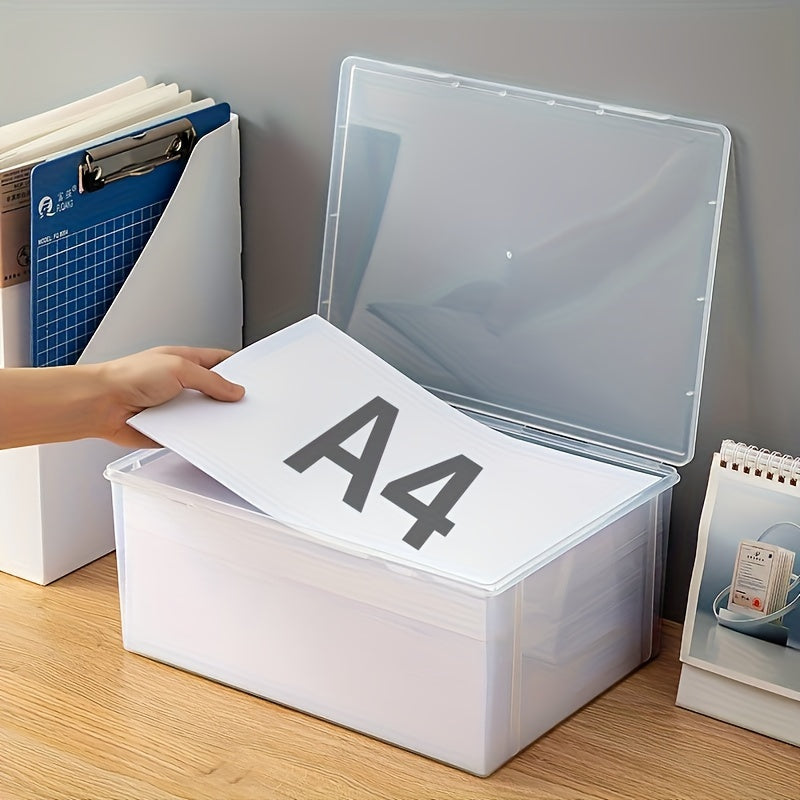 Transparent A4 size plastic document box for storing papers, certificates, and other documents in offices and homes. Perfect for school and home office storage supplies.