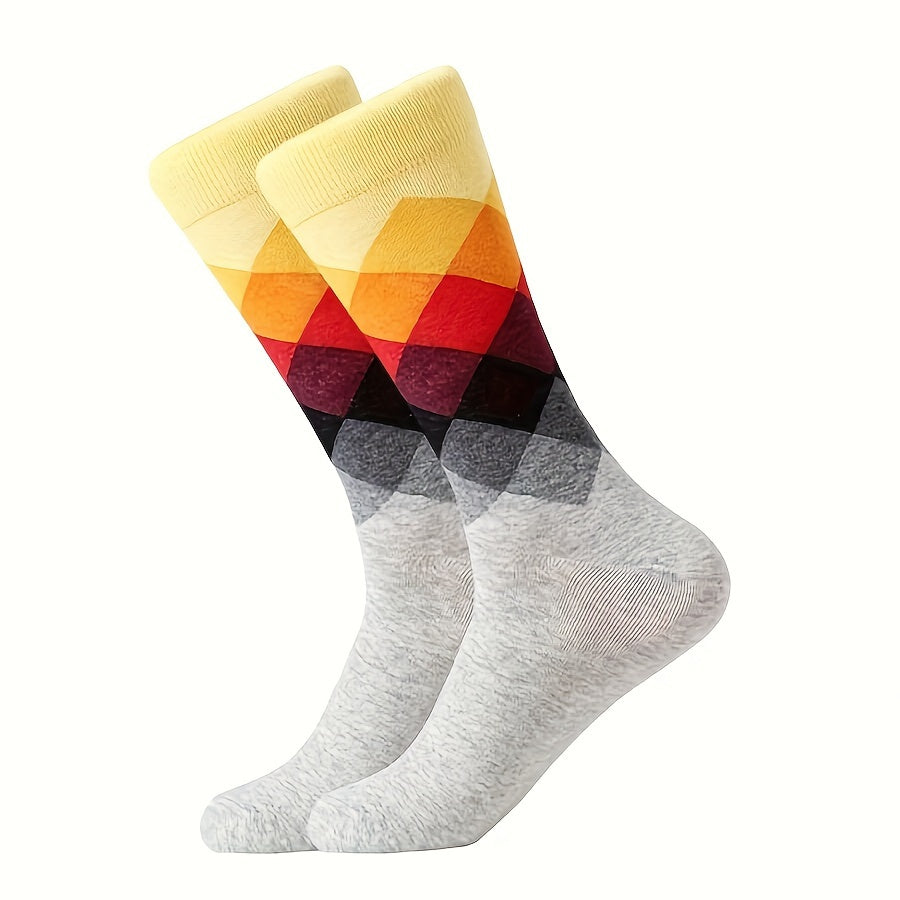 5-Pack Men's Argyle Cotton Socks, Colorful Diamond Pattern, Fashion Contrast Mid-Calf Socks, Hand Wash or Dry Clean