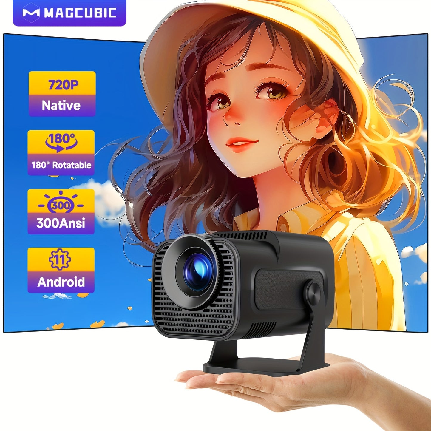 Magcubic HY320 mini projector with 4K EU Plug, Android 11, Dual Wifi6, 300ANSI, Allwinner H713, 1080P/1280*720P, 3D-Ready, 3000-99999 Lumens, Desktop Install, LCD Display, ideal for home