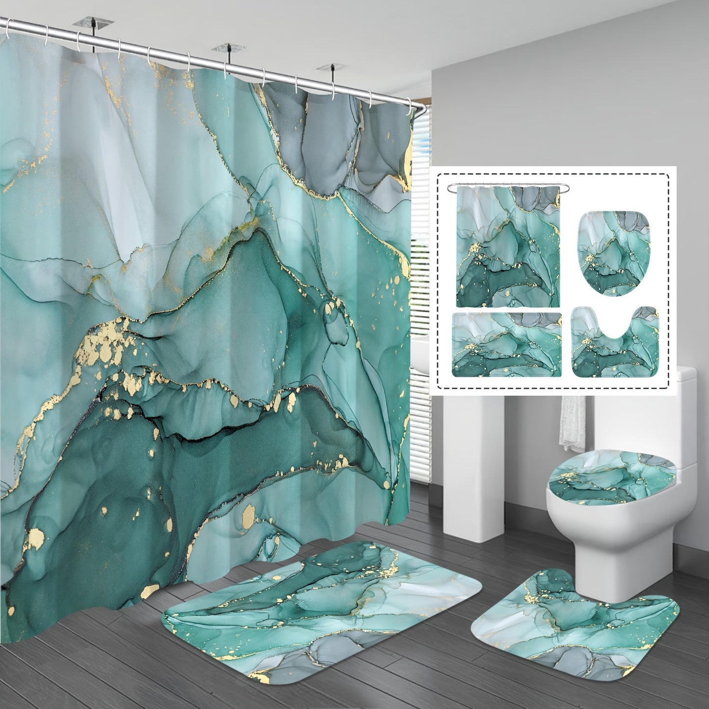 Teal Marble Pattern Shower Curtain Set with Mats and Hooks, Waterproof and Aesthetic Bathroom Decor