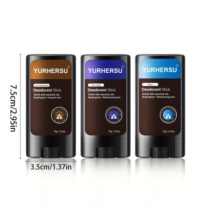 YURHERSU Men's 48-Hour Odor Gentle Sticks in Orange, Mint, and Green Tea scents for long-lasting freshness on-the-go.