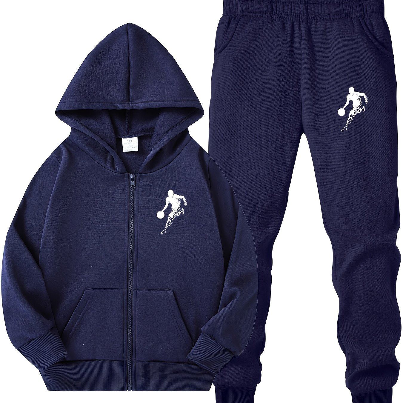 Boys' Basketball Player Print Hoodie & Jogger Set - Black, Polyester, Zip & Pockets, Great for Everyday & Sports, Perfect for Outdoors