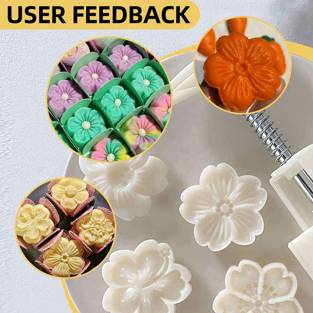 Flower Cookie Press Set with 5 Pieces - Create Beautiful Mooncakes and Pastries with Intricate White Flower Designs, Made of ABS Plastic, Perfect for Elegant Baking during Christmas and Halloween, Must-Have Kitchen Essentials.