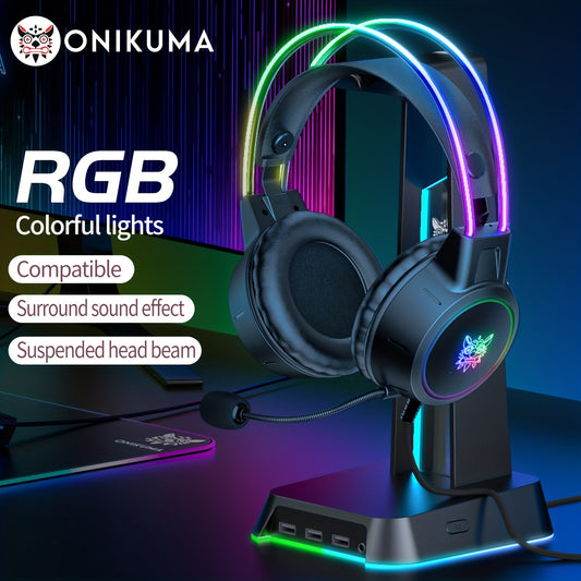 ONIKUMA RGB игровая гарнитура с шумоподавлением, высококачественным звуком, съемным микрофоном, черным дизайном в аниме-стиле, питается от USB, объемный звук, управление громкостью, проводная для ПК и ноутбука.