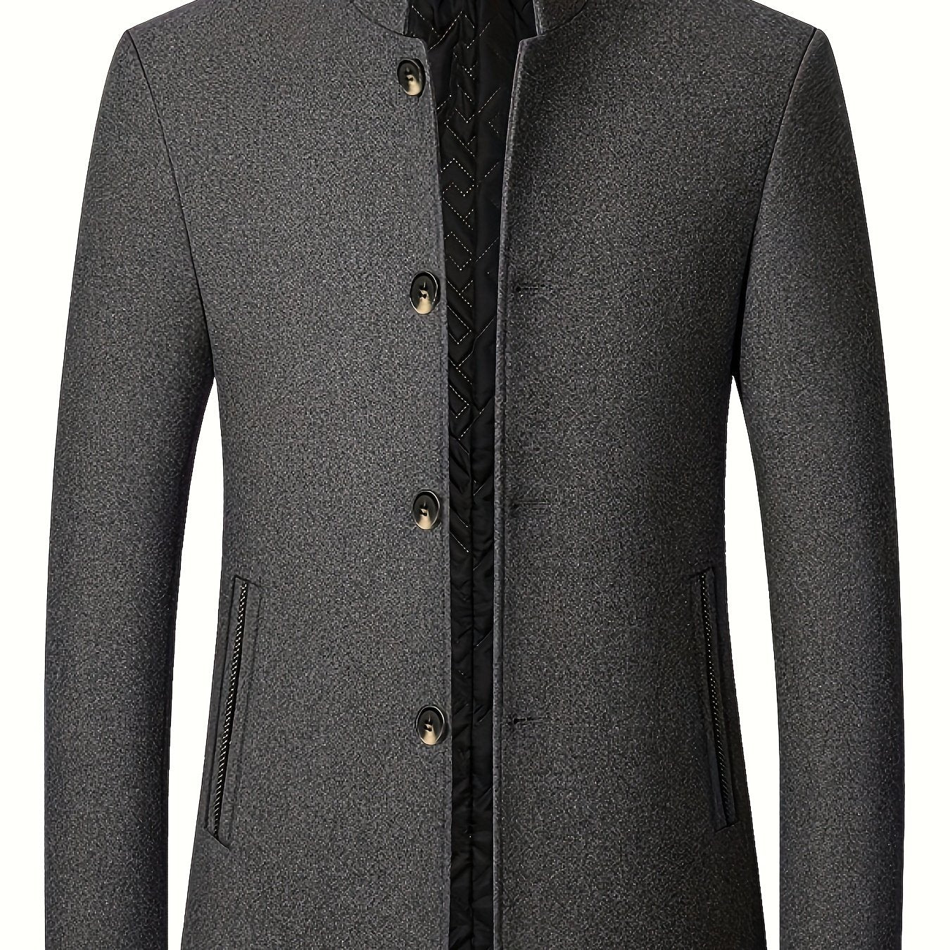 Men's casual tweed jacket in black with stand collar, button-up closure, side pockets, and long sleeves, ideal for fall/winter. Made of a polyester blend.