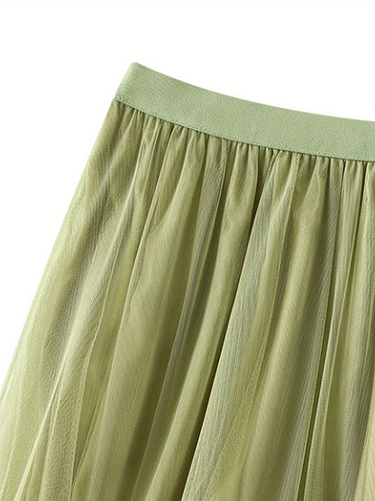 High-waist slimming mesh skirt with layered ruffles, machine washable - ideal for all seasons.