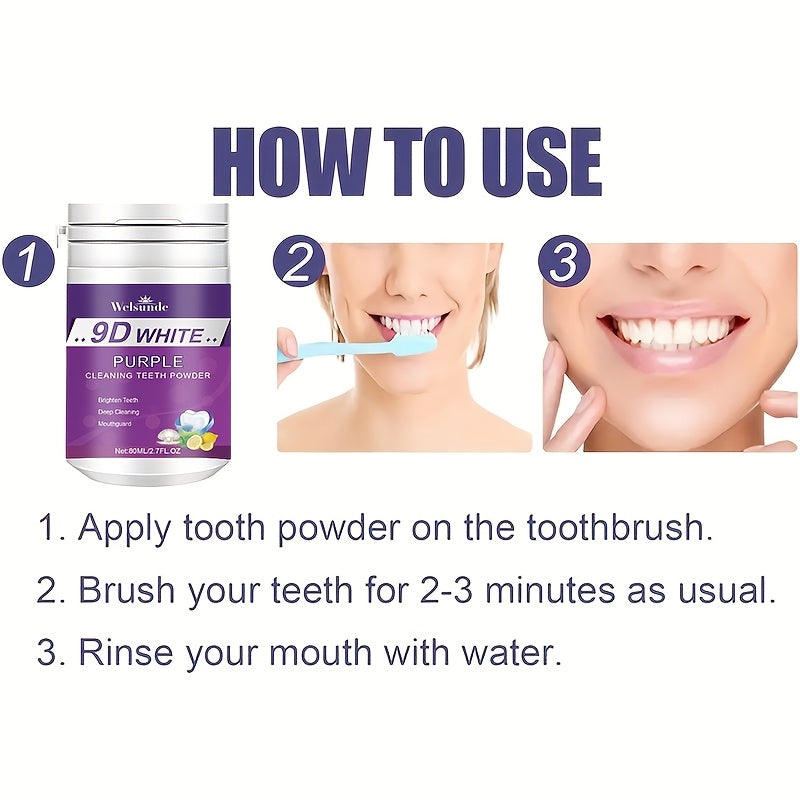 Travel-sized Purple Teeth Whitening Powder (2.7fl.oz) with Minty Fresh Breath, Gentle on Gums, Perfect for Gifts.